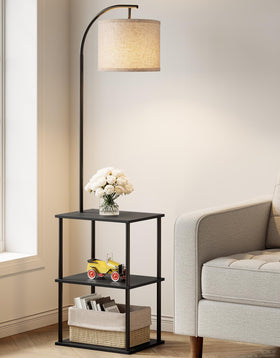 Partphoner floor lamp with table front view, sturdy wood and metal construction with space-saving design