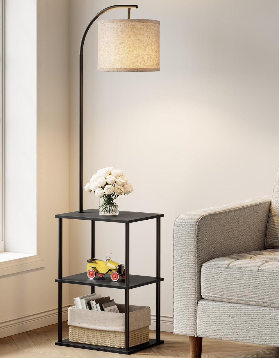 Partphoner floor lamp with table front view, sturdy wood and metal construction with space-saving design