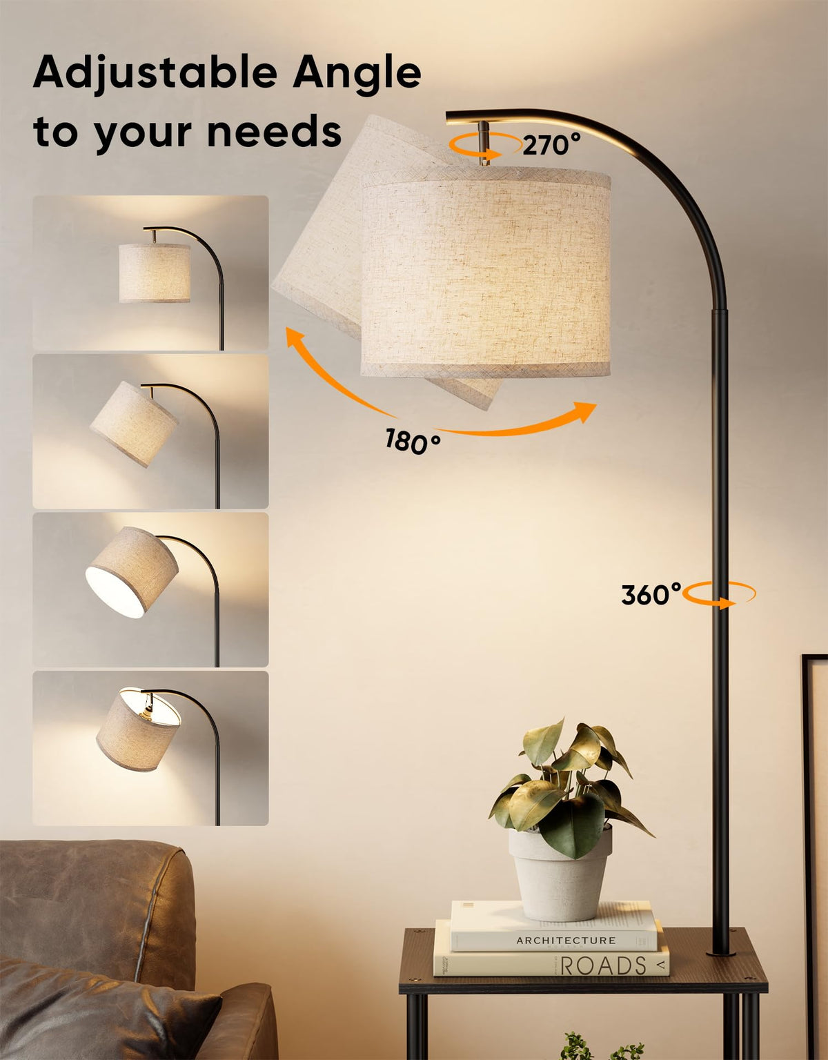 Partphoner floor lamp with table storage shelves, display books and decor