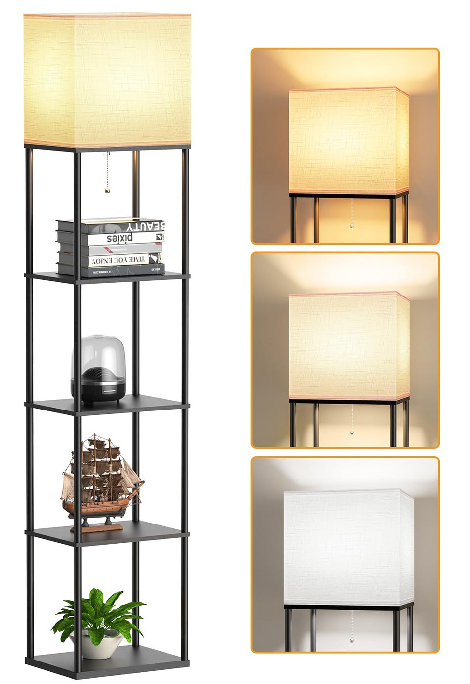 PARTPHONER large floor lamp with shelves showing a 5-tier design and ambient lighting.