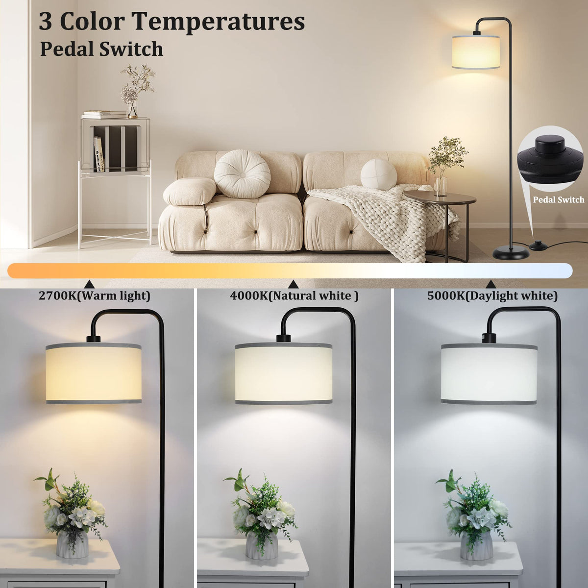 PARTPHONER LED floor lamp with 3 color temperatures for versatile activities.