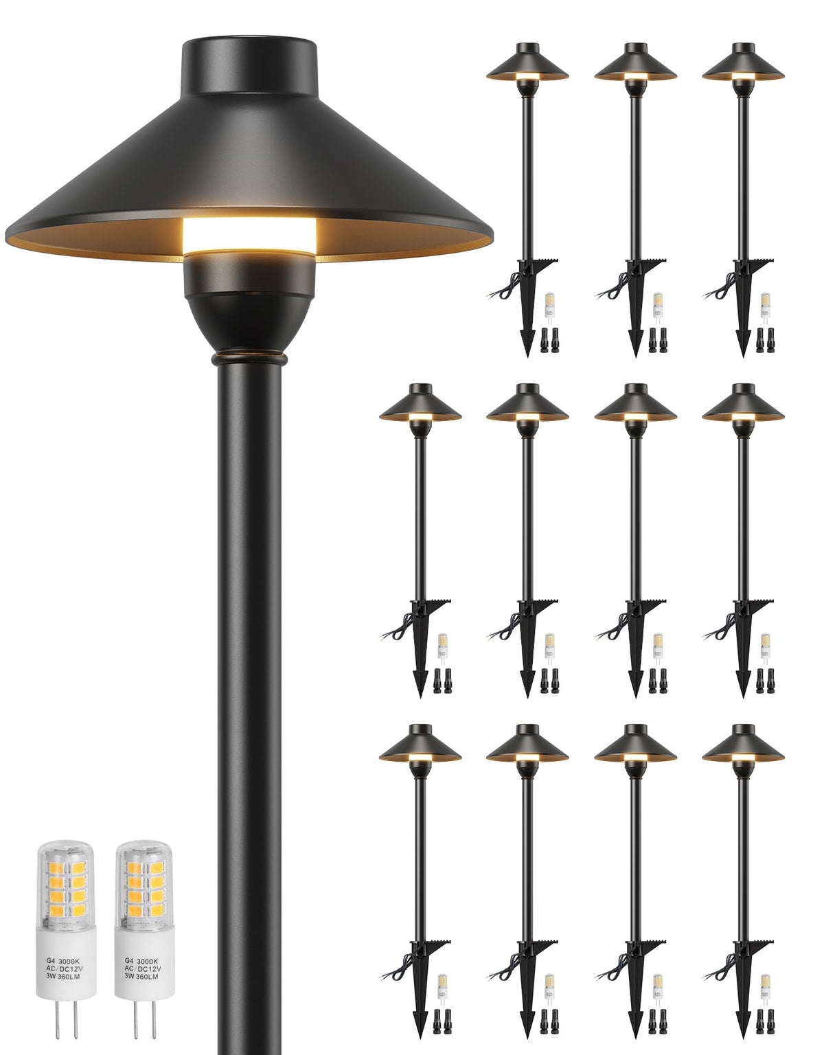 PARTPHONER low-voltage landscape lighting 12-pack illuminates walkways with warm 3000K glow.