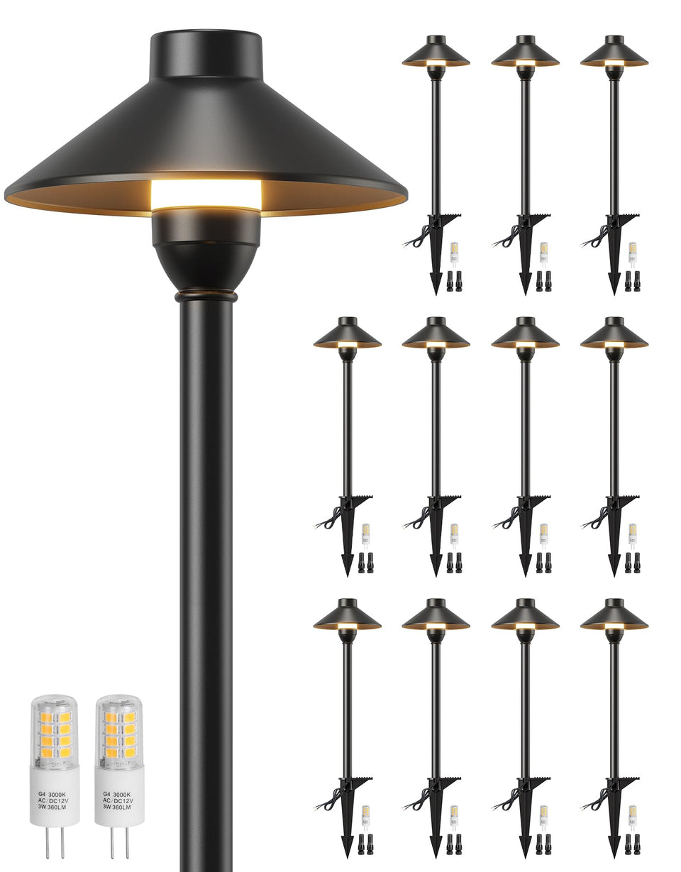 PARTPHONER low-voltage landscape lighting 12-pack illuminates walkways with warm 3000K glow.
