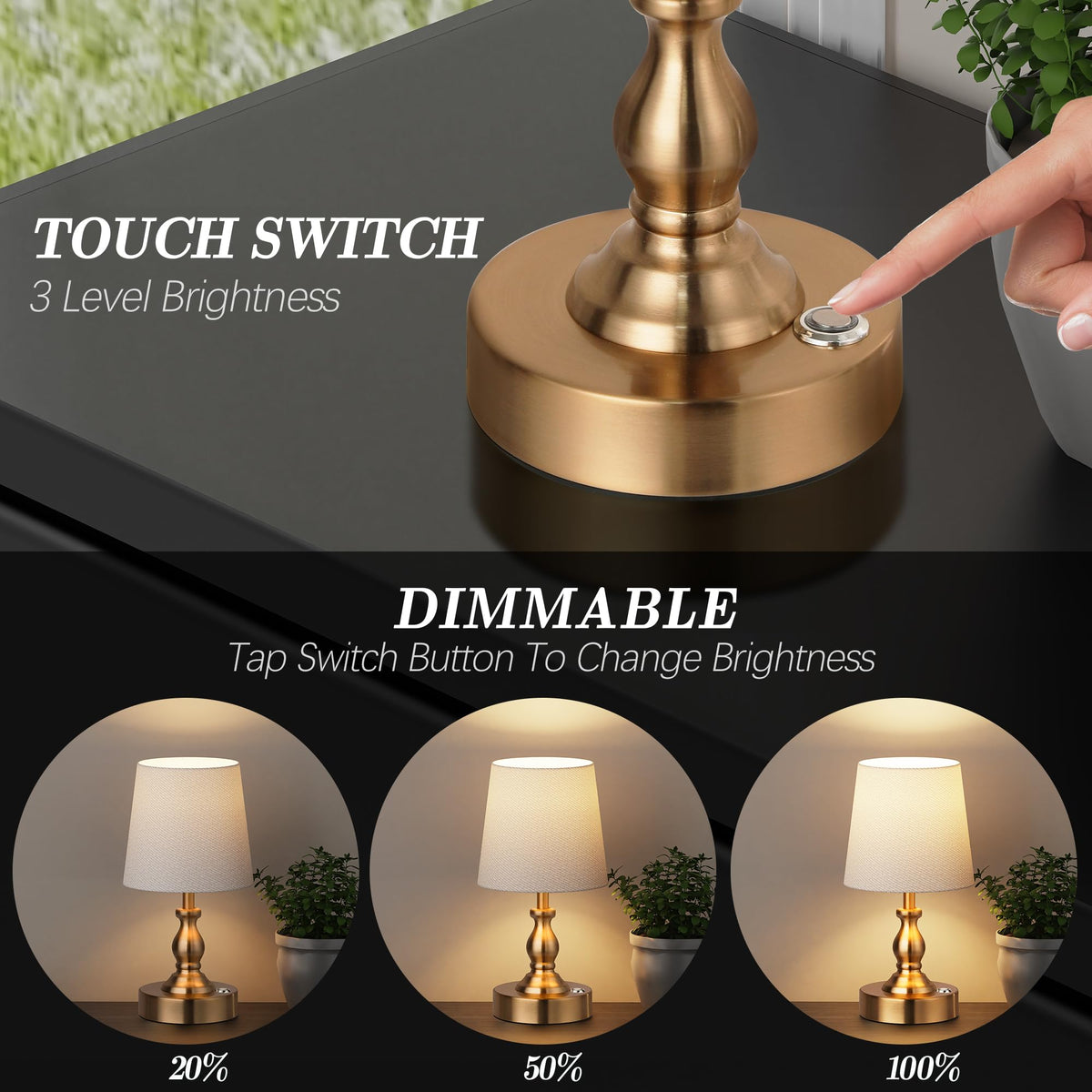 PARTPHONER Mini cordless table lamp with linen shade diffuses light for cozy ambiance.
