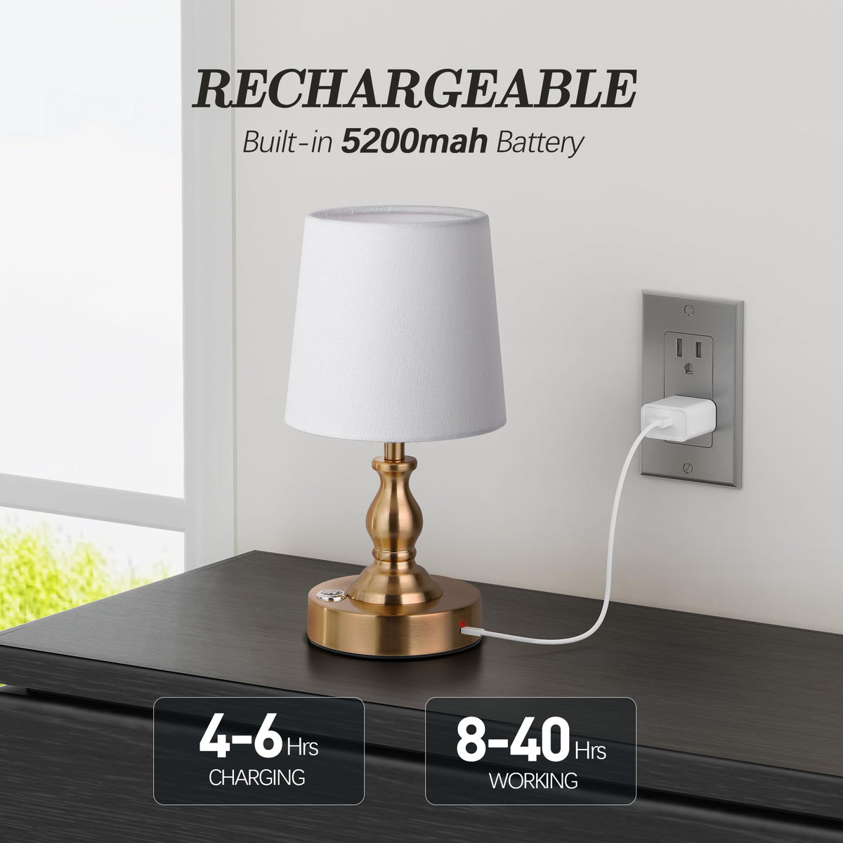 PARTPHONER Mini cordless table lamp on nightstand provides easy touch dimming for reading.