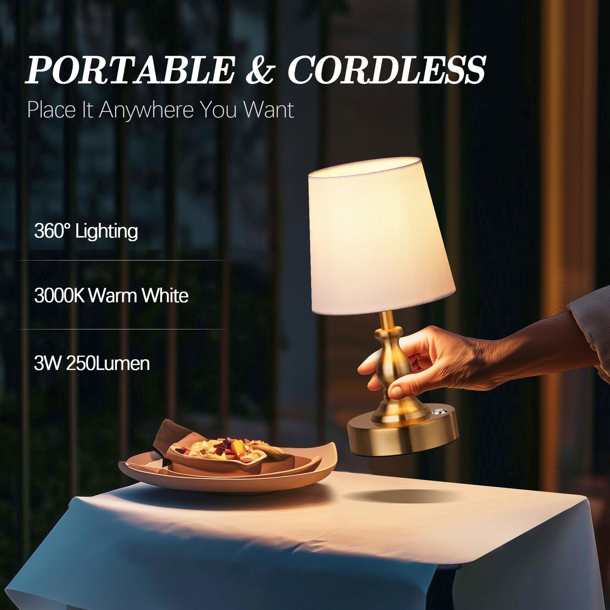 PARTPHONER Mini cordless table lamp on patio creates inviting outdoor glow.
