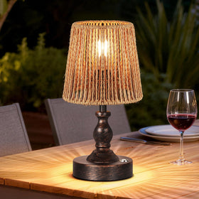 PARTPHONER Mini cordless table lamp with rattan shade for cozy ambient lighting on a nightstand