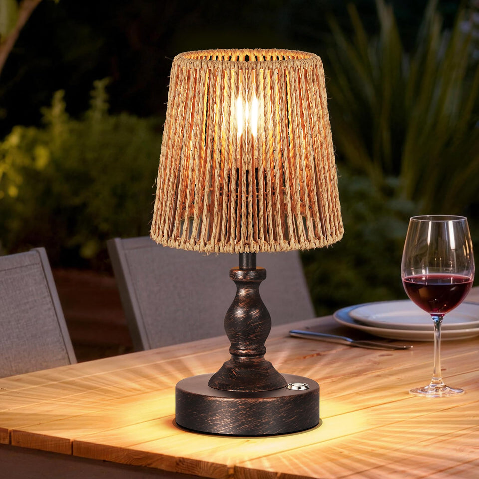 PARTPHONER Mini cordless table lamp with rattan shade for cozy ambient lighting on a nightstand