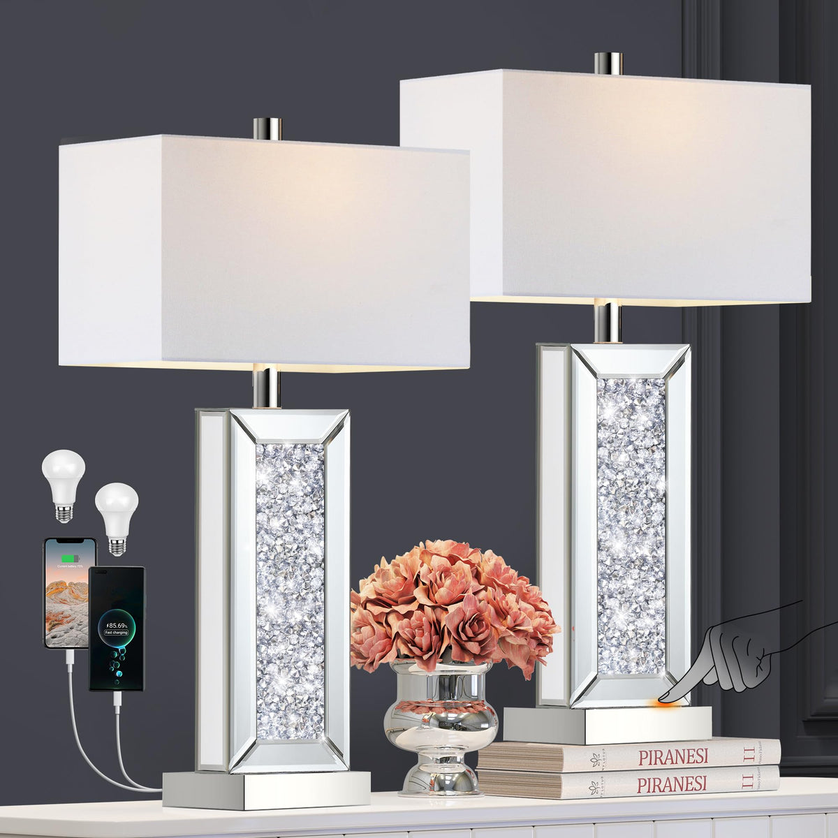 PARTPHONER modern table lamp set with touch control and mirrored base for chic bedside lighting