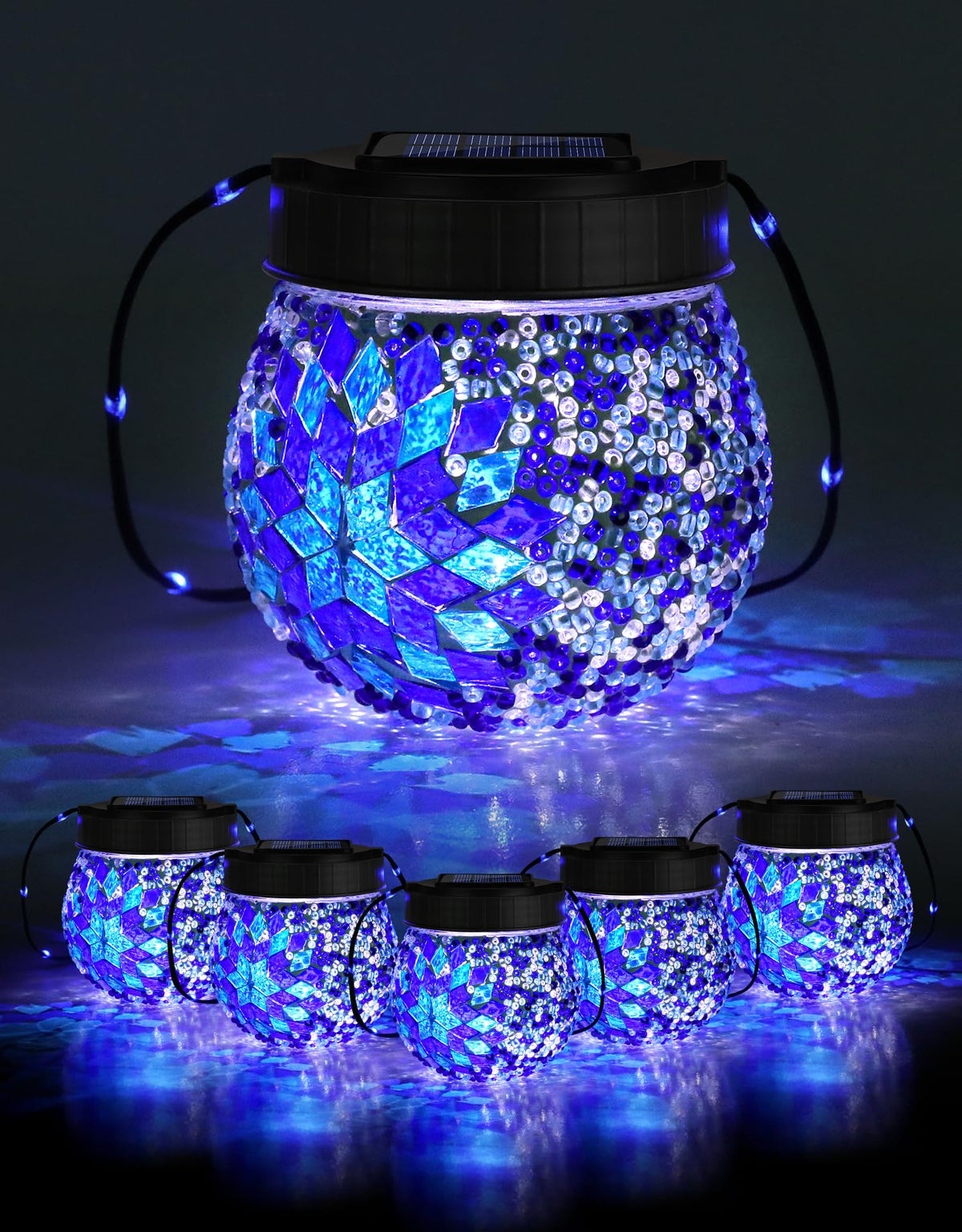 PARTPHONER Mosaic Solar Lanterns with glass globe illuminate garden paths at night.