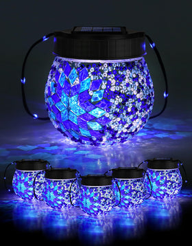 PARTPHONER Mosaic Solar Lanterns with glass globe illuminate garden paths at night.