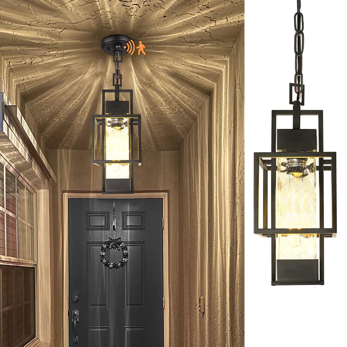 PARTPHONER Motion Sensor 15-inch outdoor pendant light on porch enhances entryway lighting.