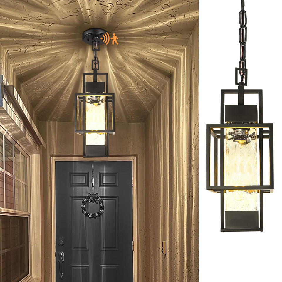 PARTPHONER Motion Sensor 15-inch outdoor pendant light on porch enhances entryway lighting.