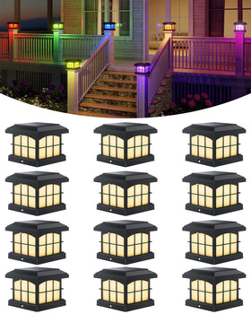 PARTPHONER RGB-CW solar post cap light front view showing color options for yard ambience