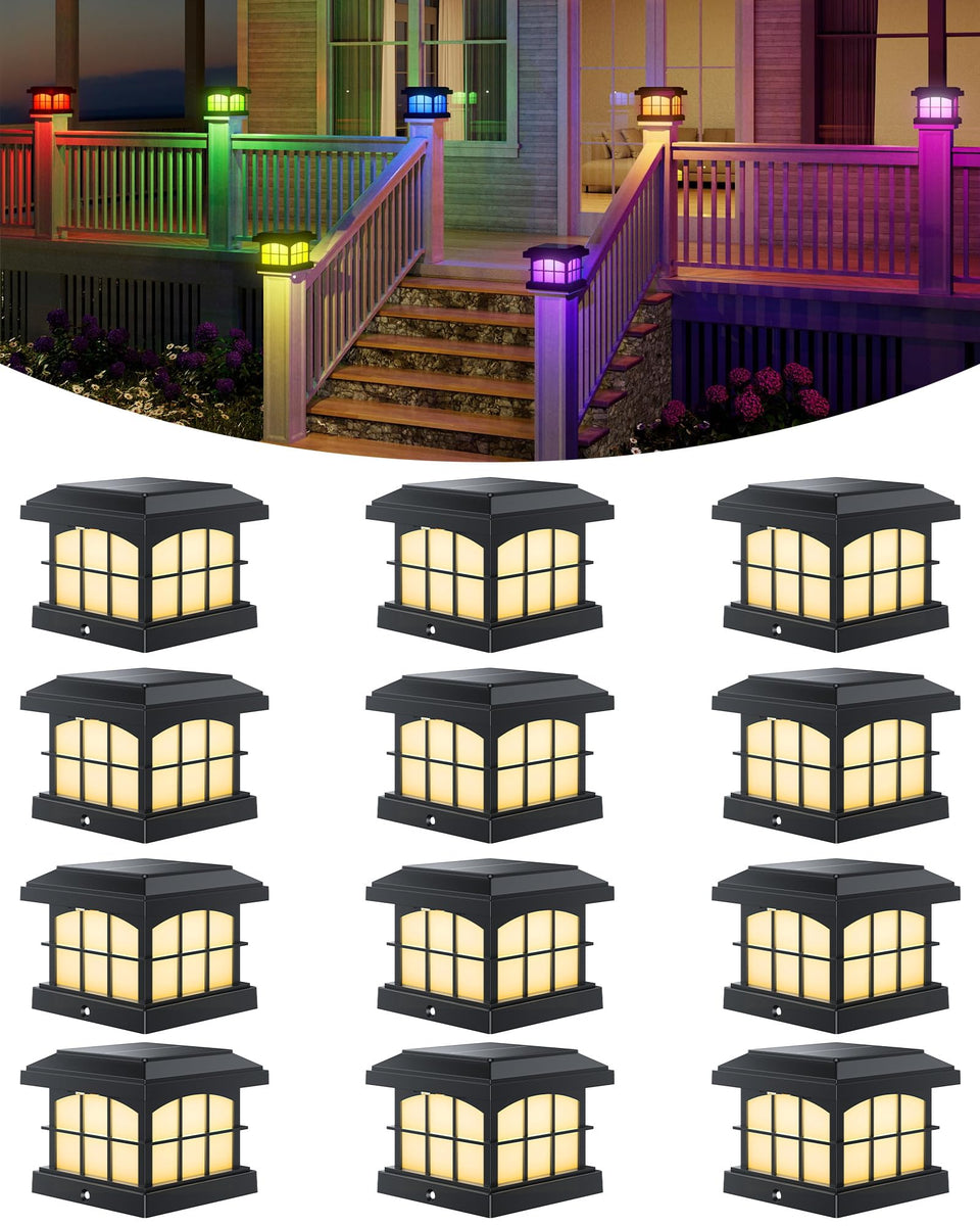 PARTPHONER RGB-CW solar post cap light front view showing color options for yard ambience