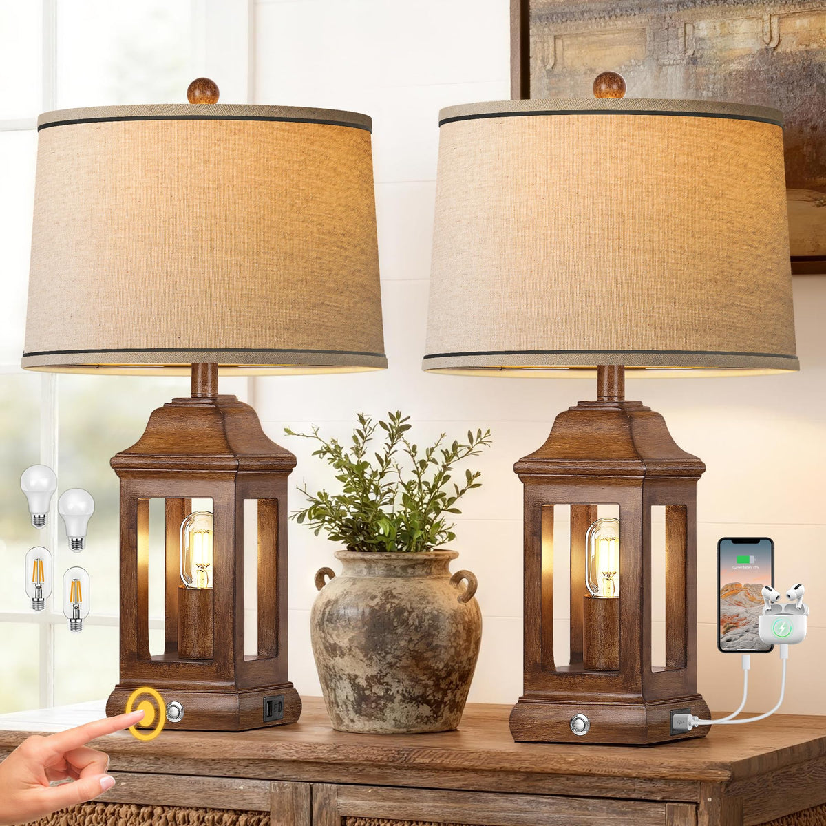 Partphoner rustic table lamp wood grain close-up showing craftsmanship and texture.