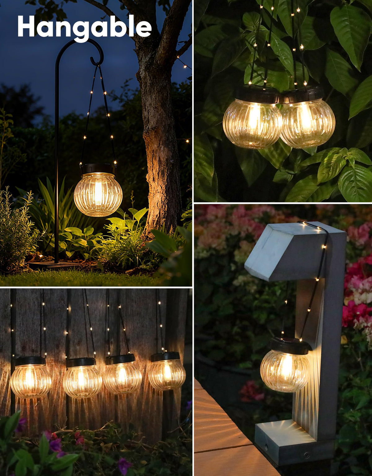 PARTPHONER hanging lanterns on shepherd hooks for yard decor.
