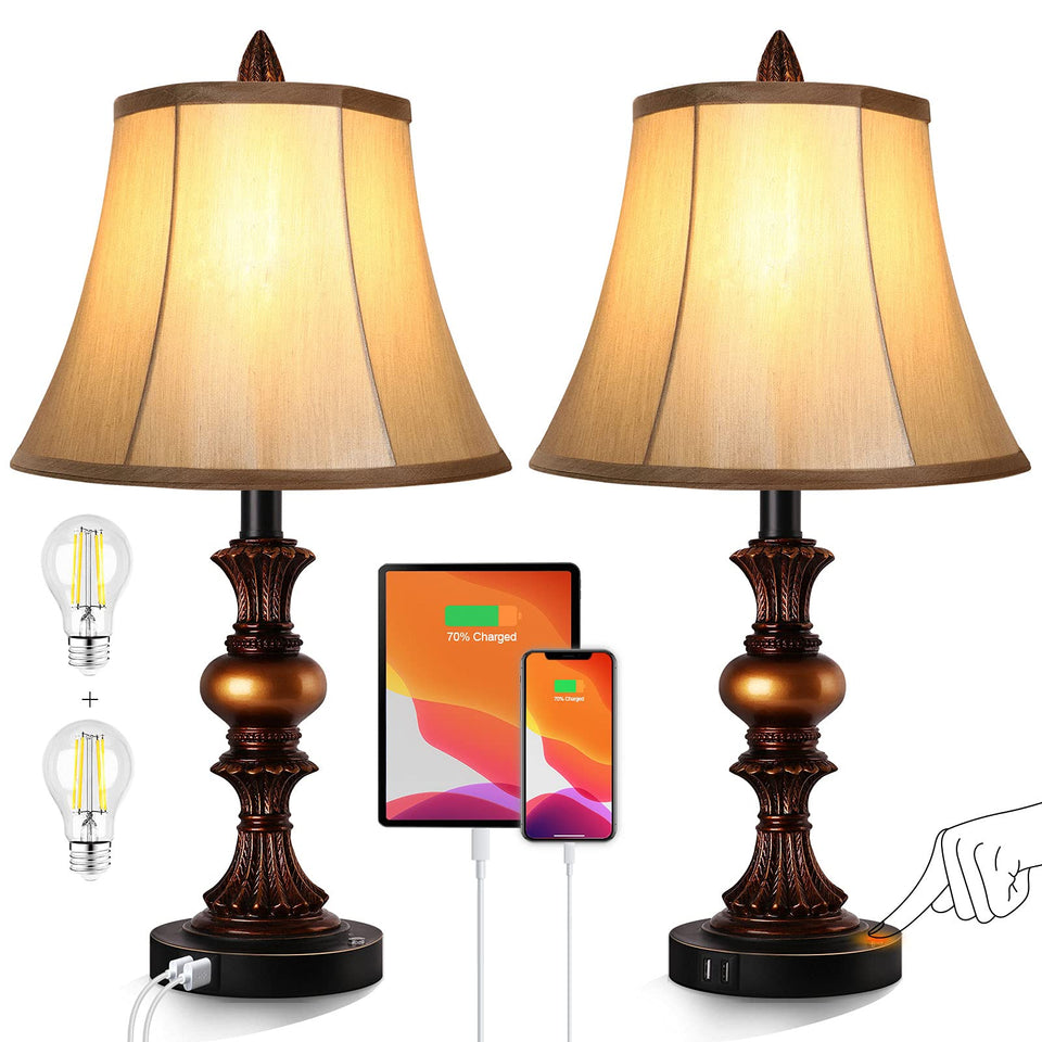 PARTPHONER touch-control traditional table lamp set with bronze finish enhances bedside mood.