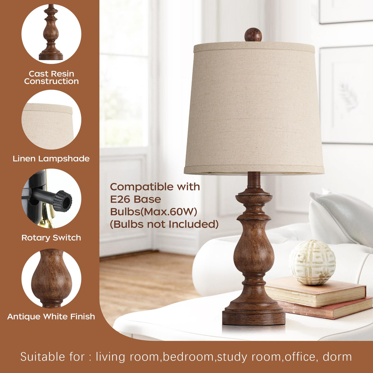 PARTPHONER traditional table lamp set 2 nightstand pairing for bedside ambiance.