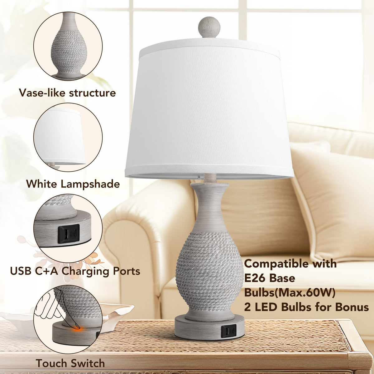 PARTPHONER lamp featuring USB-C and USB-A ports for charging devices.