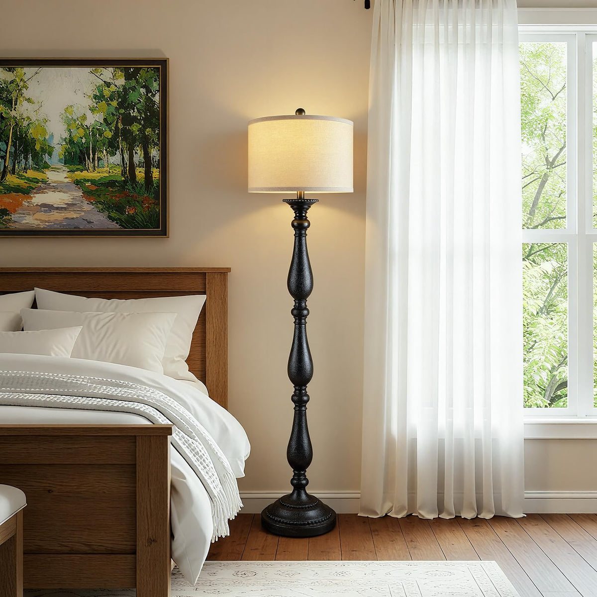 PARTPHONER Vintage Floor Lamp linen shade closeup with soft light diffusion