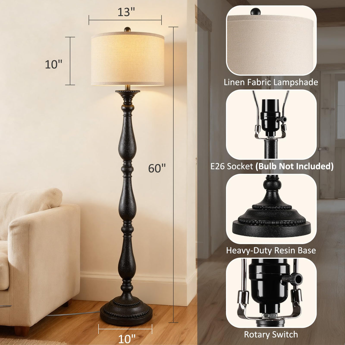 PARTPHONER Vintage Floor Lamp linen shade diffuses light for cozy atmosphere