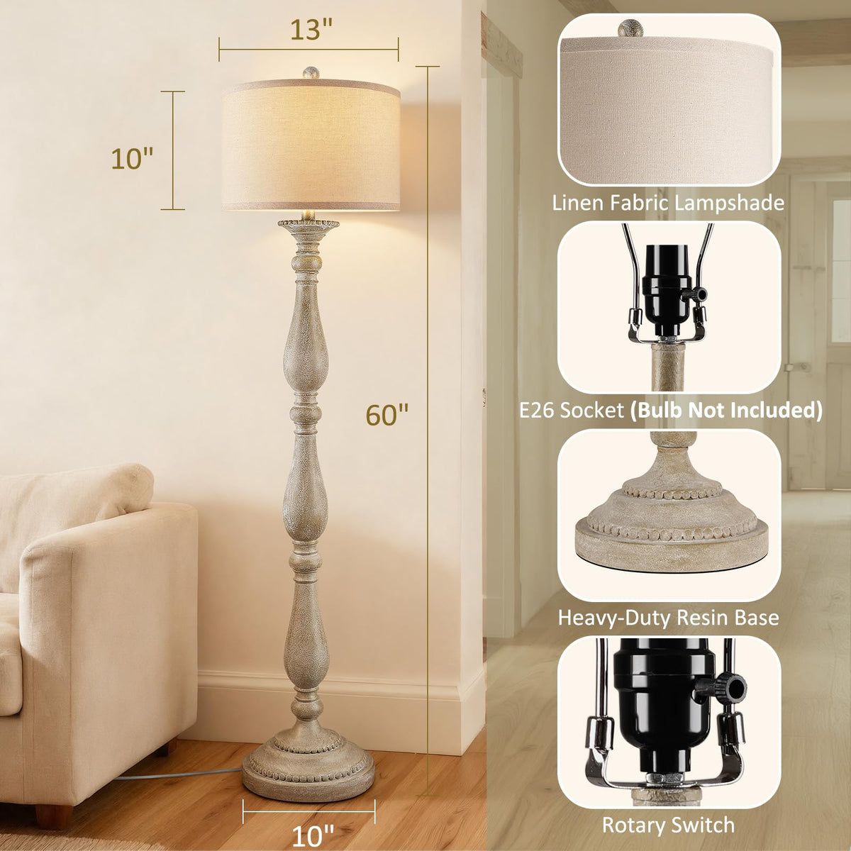 PARTPHONER vintage floor lamp shade showcases linen texture for soft, warm diffusion.