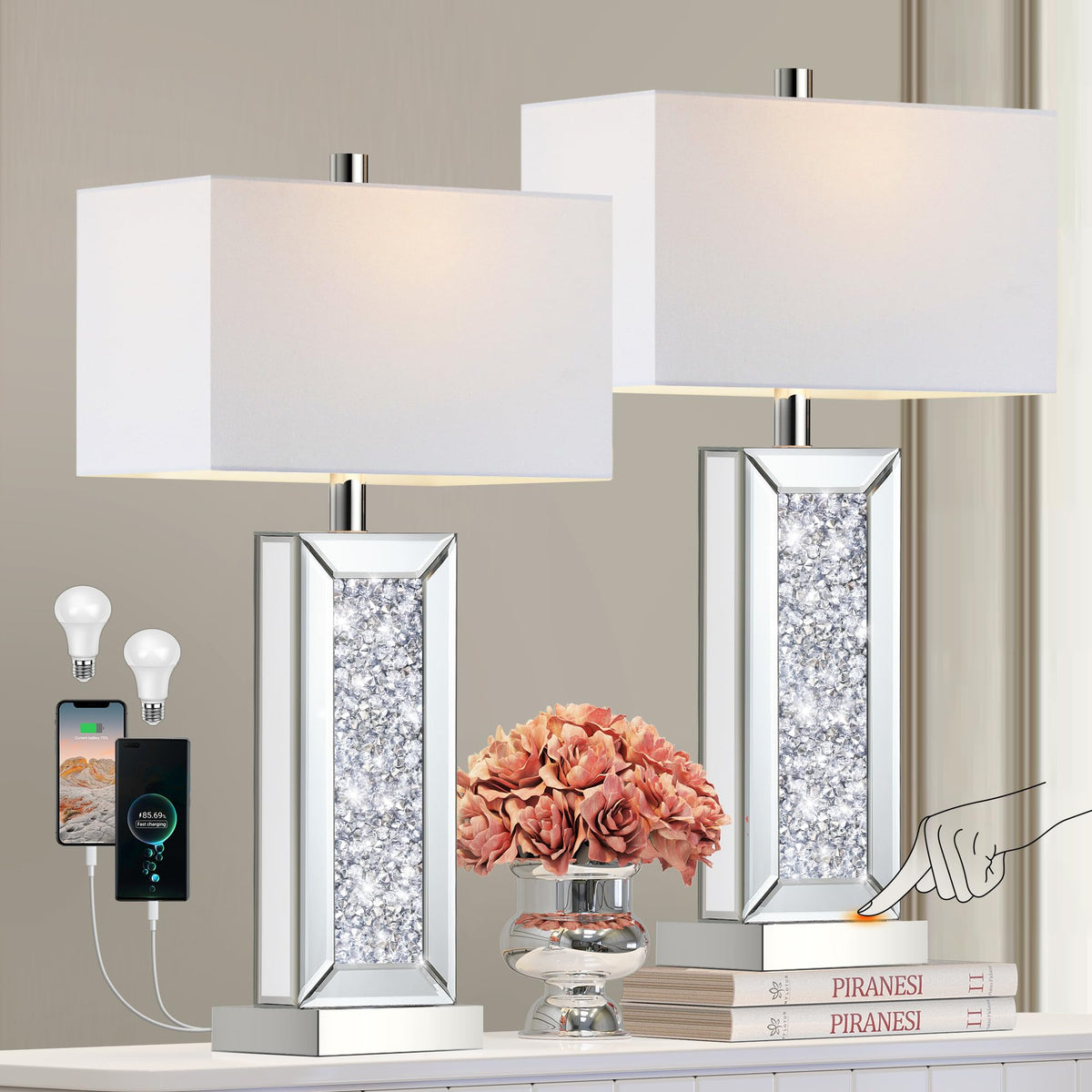 PARTPHONER white fabric shade bedside lamps provide soft, even illumination
