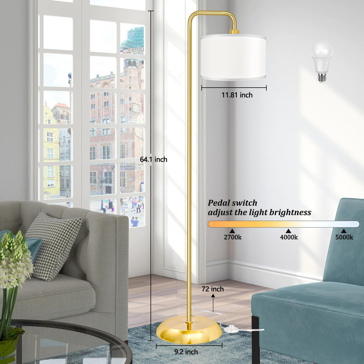 PARTPHONER white linen shade and gold pole offering soft glow