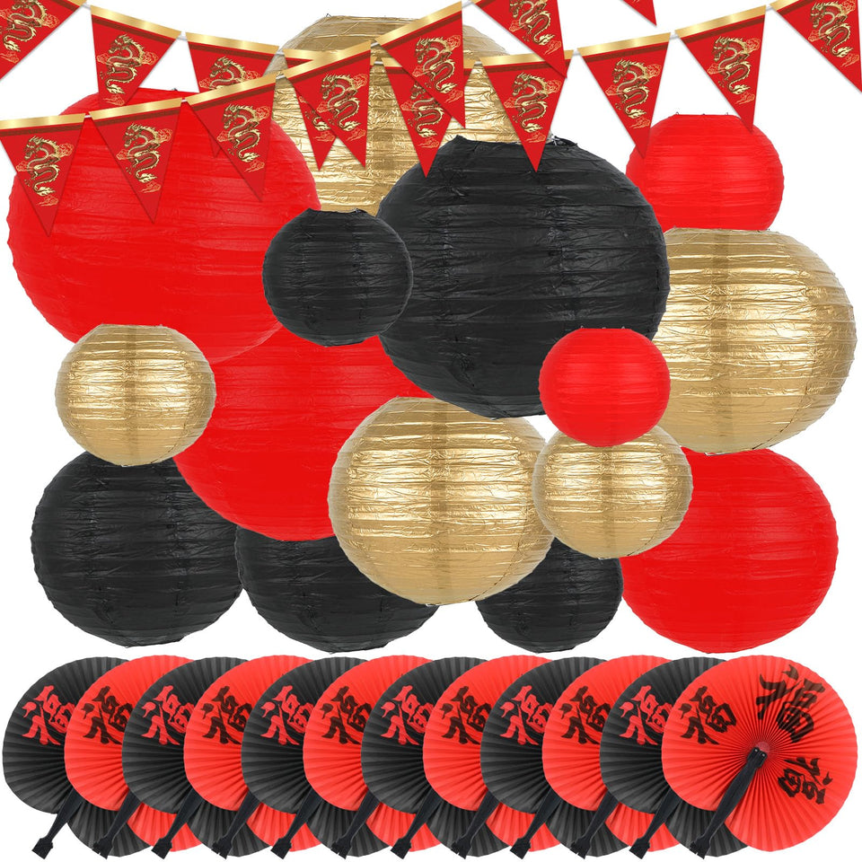 Party Greeting hibachi lanterns set creates a festive Asian backdrop for celebrations.