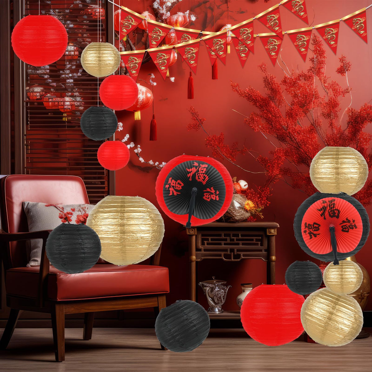 Party Greeting bunting banner extends color along walls for cohesive visuals.