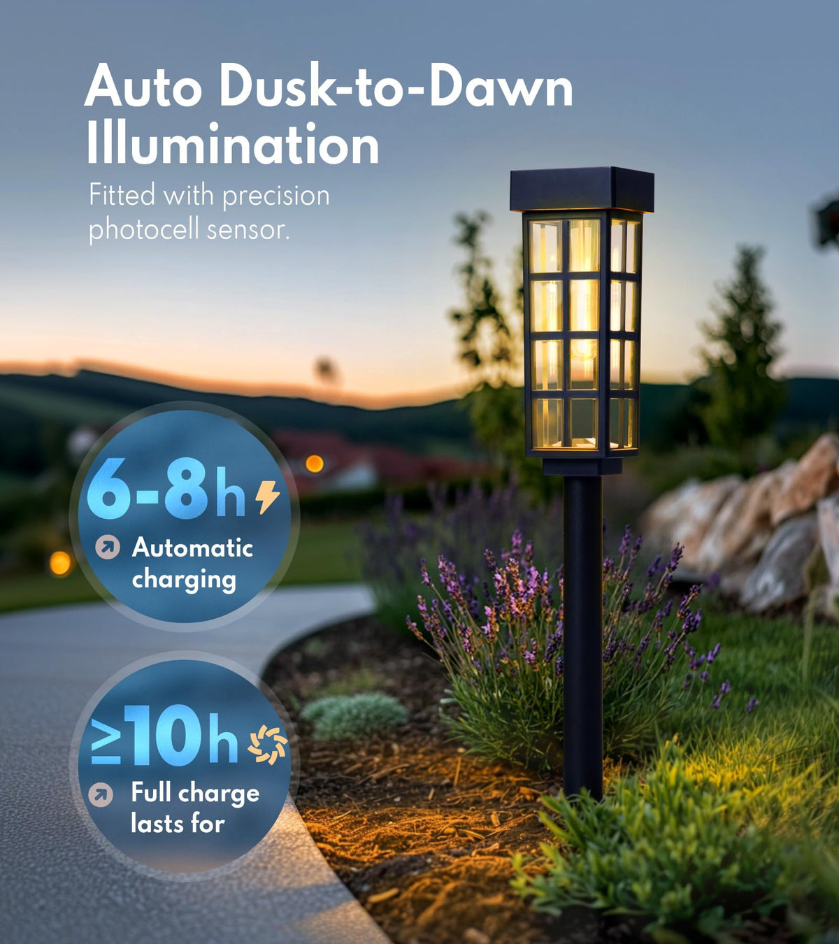 PASAMIC solar pathway light front view lit highlighting even illumination on sidewalks
