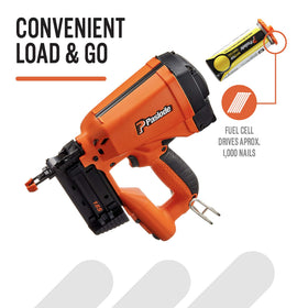 Two adapter heads enable universal compatibility with Paslode finish and brad nailers.