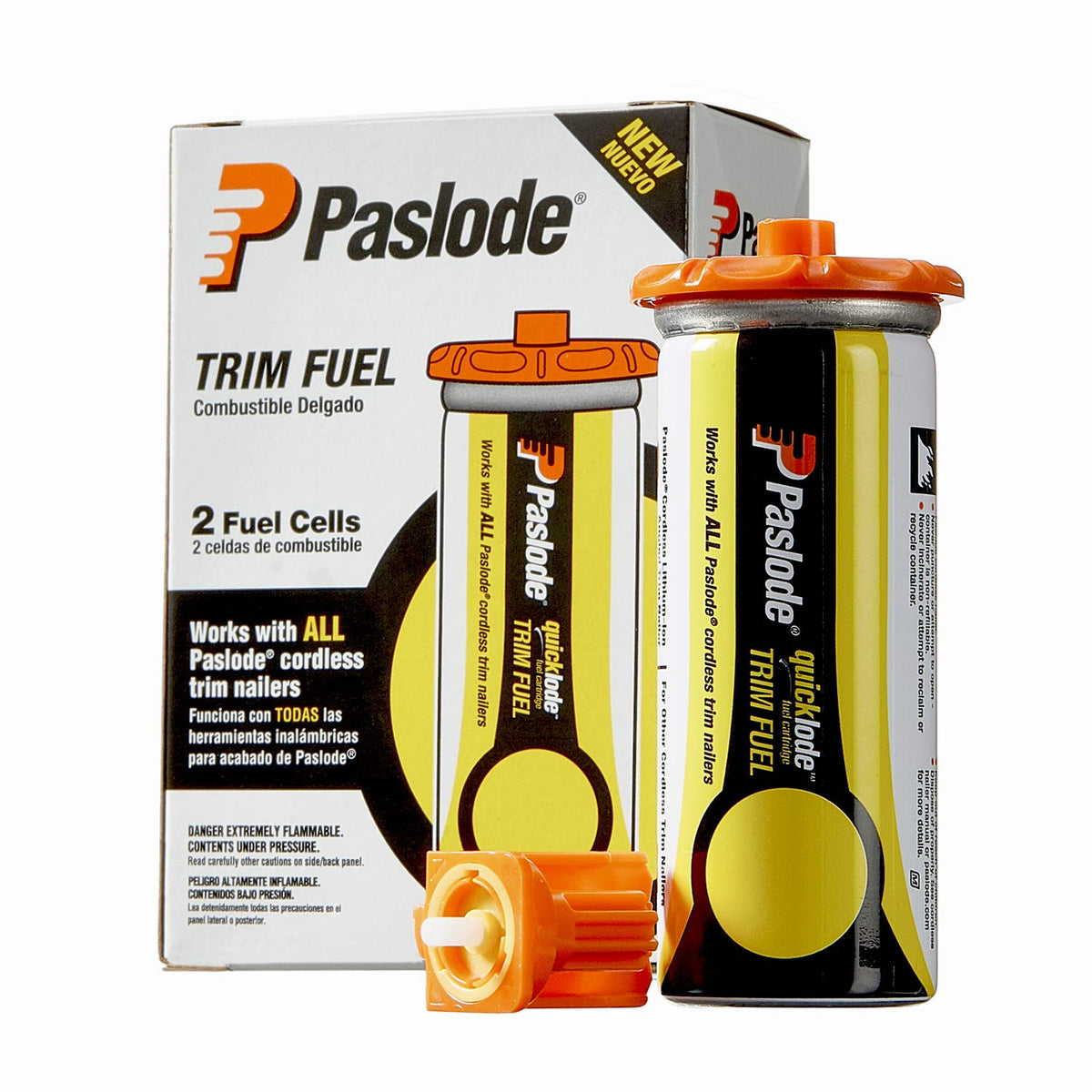 Paslode universal fuel cell front view showing quick-load design for finish nailers.