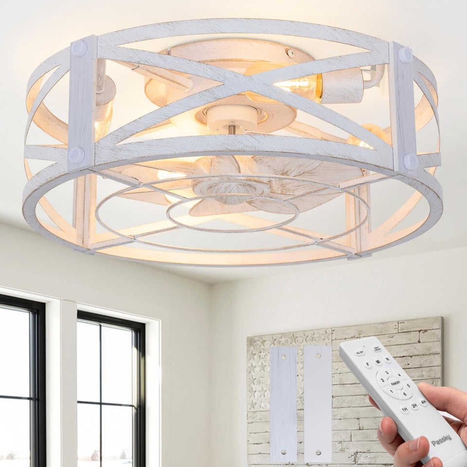 Passky 20-inch farmhouse fan with light in a white cage for quiet cooling.