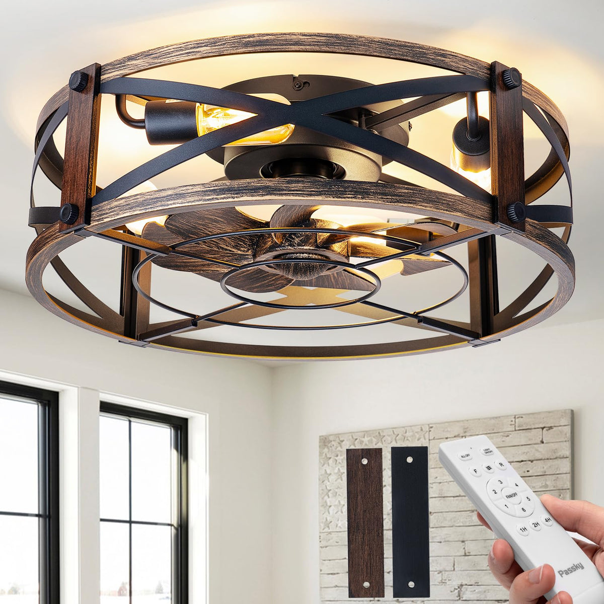 Passky 20-inch farmhouse fan with light in a caged design for modern spaces.