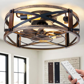 Passky 20-inch farmhouse fan with light in a caged design for modern spaces.
