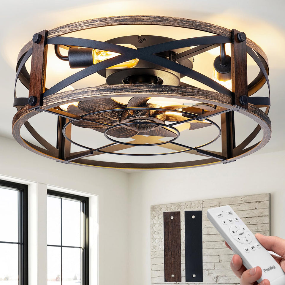 Passky 20-inch farmhouse fan with light in a caged design for modern spaces.
