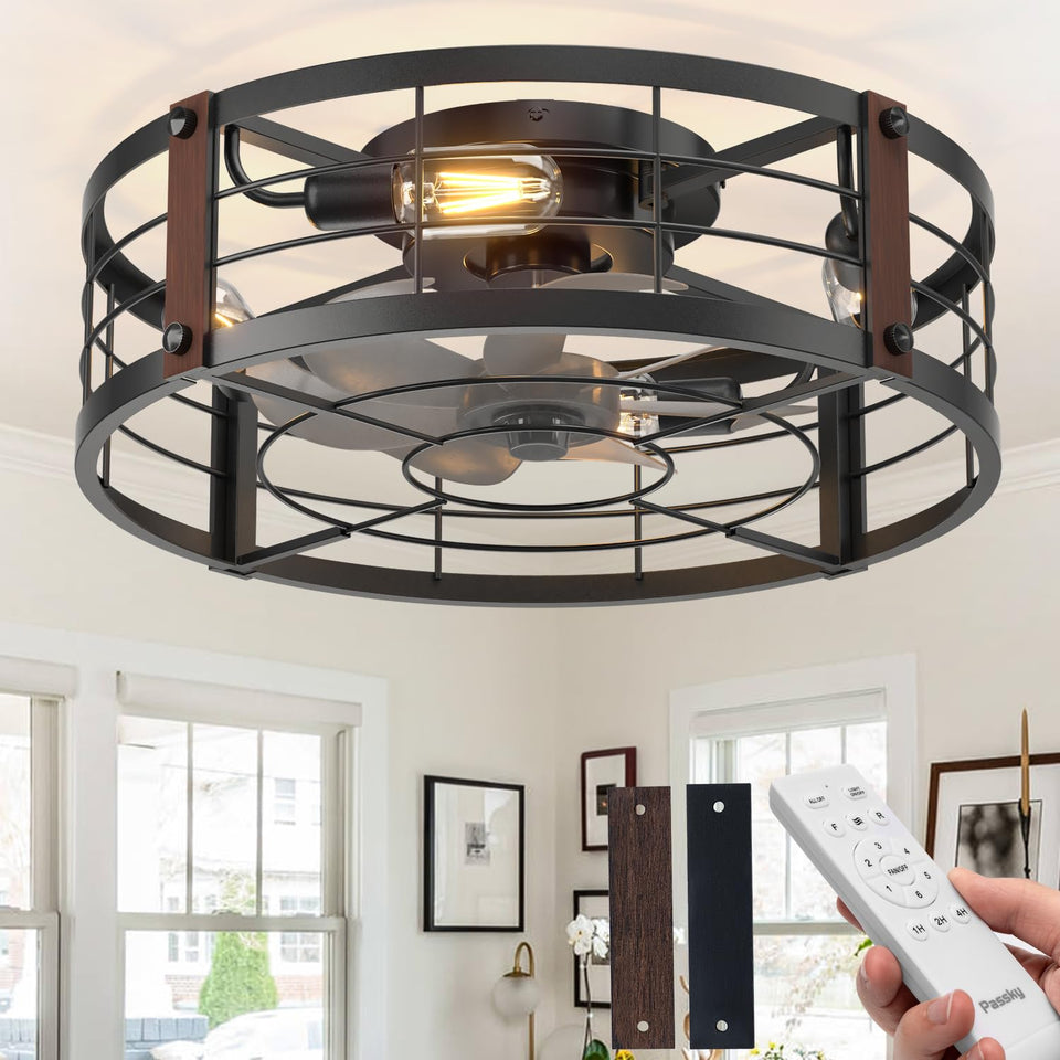 Passky 20-inch farmhouse fan with light in a caged design for versatile rooms.