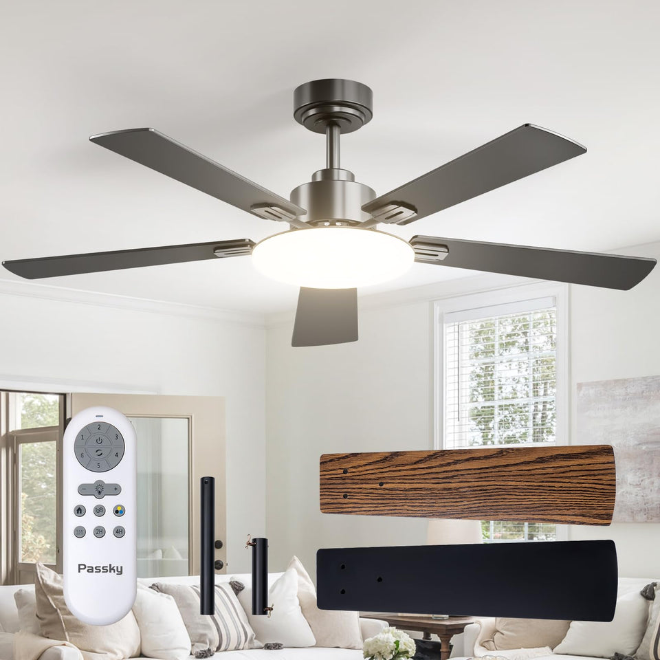 Passky 52-inch ceiling fan with light and remote in a modern living room for easy comfort.