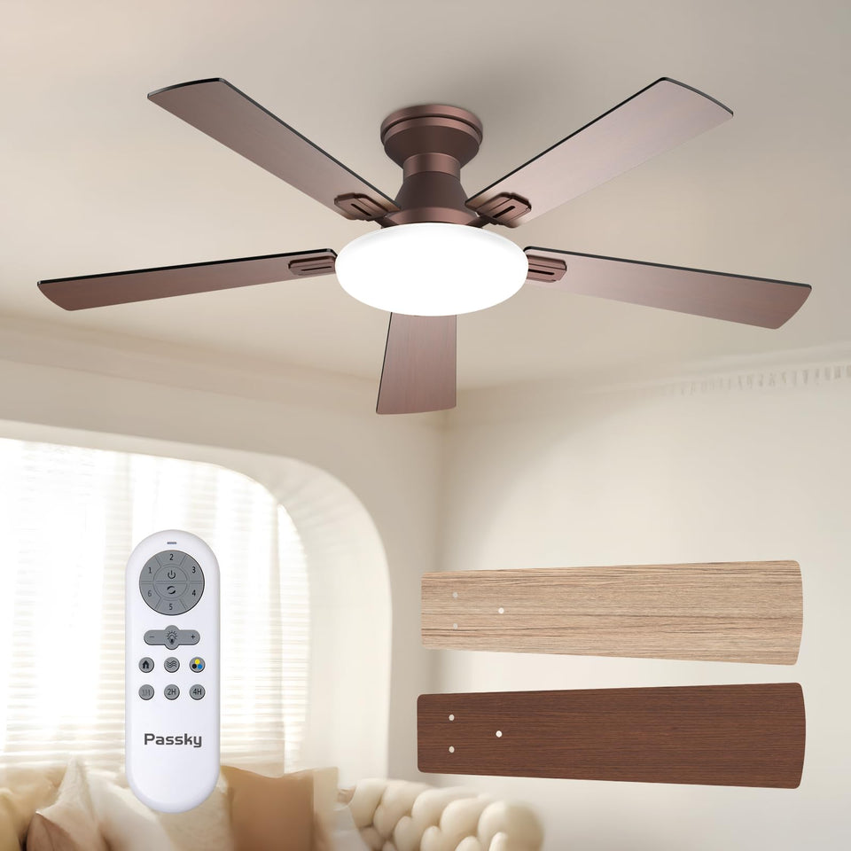 Passky 52-inch ceiling fan with light in brown finish and remote control.
