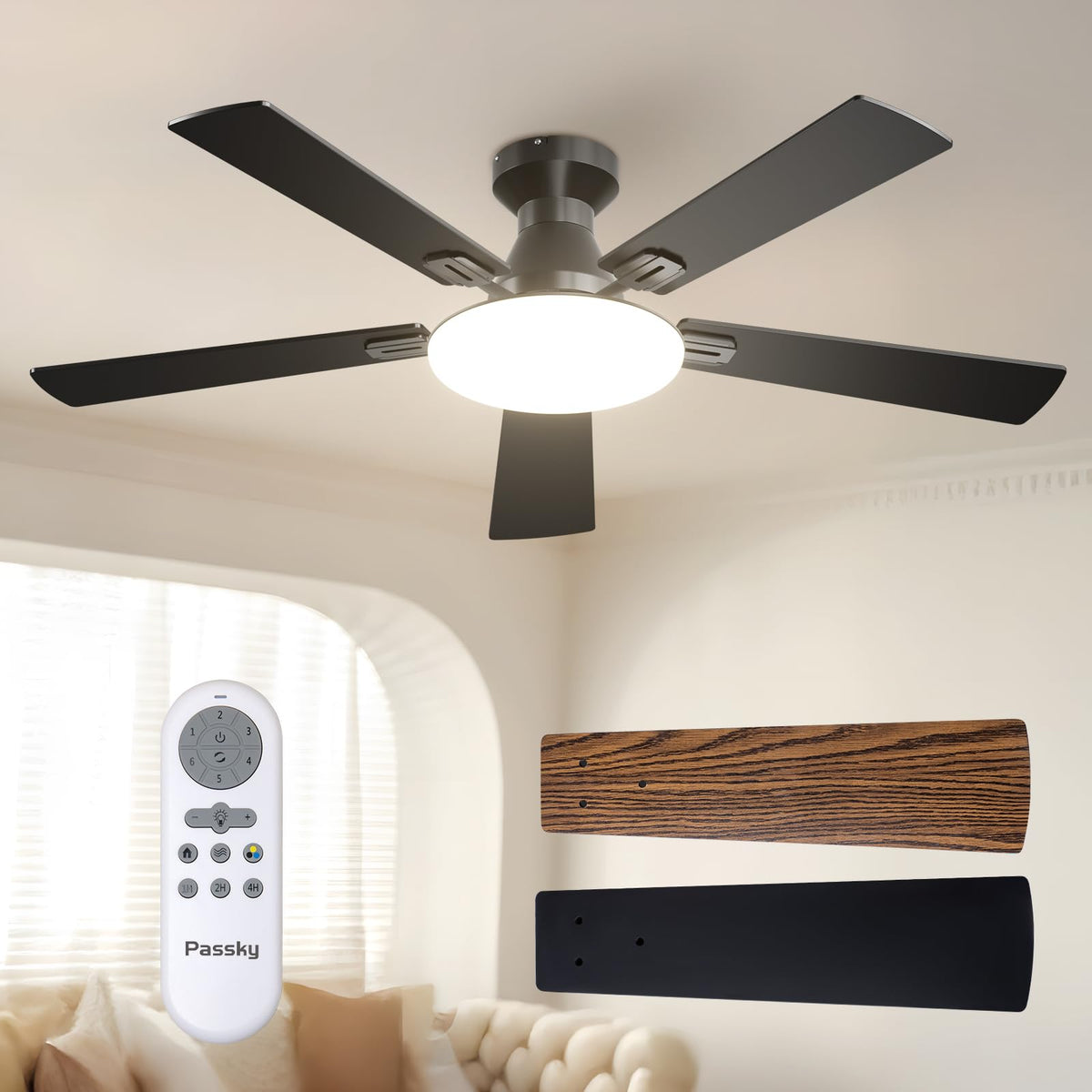 Passky ceiling fan light 52-inch in a modern living space, energy-efficient cooling.