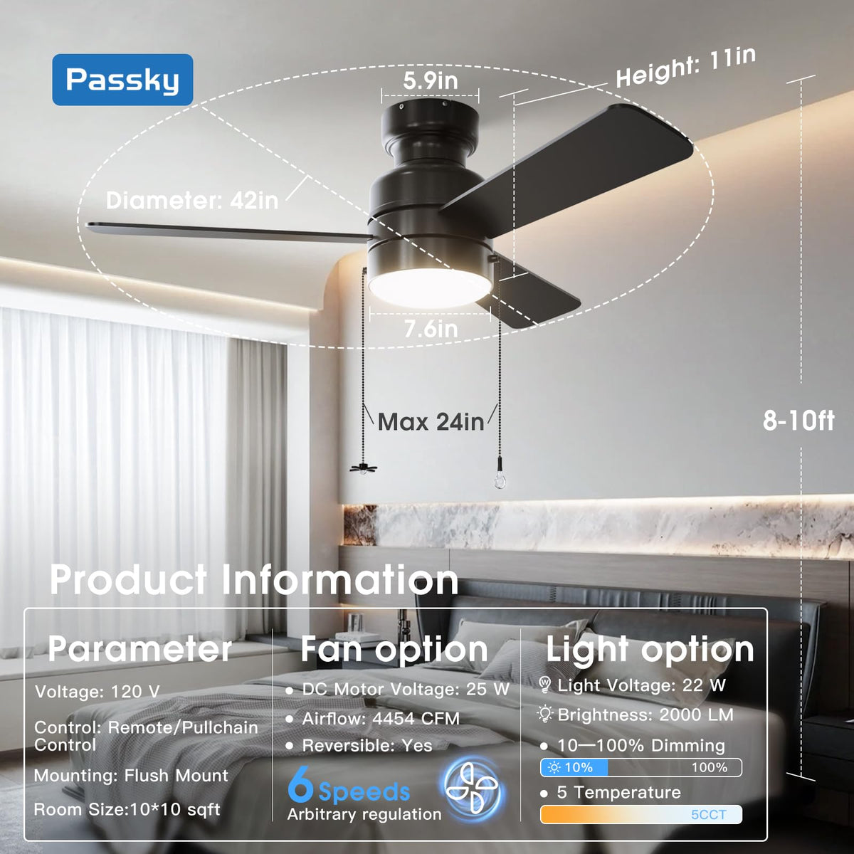 Passky pull-chain ceiling fan with decorative switches for easy dark-room use.