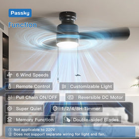Passky remote-controlled ceiling fan simplifies breeze and light adjustment.