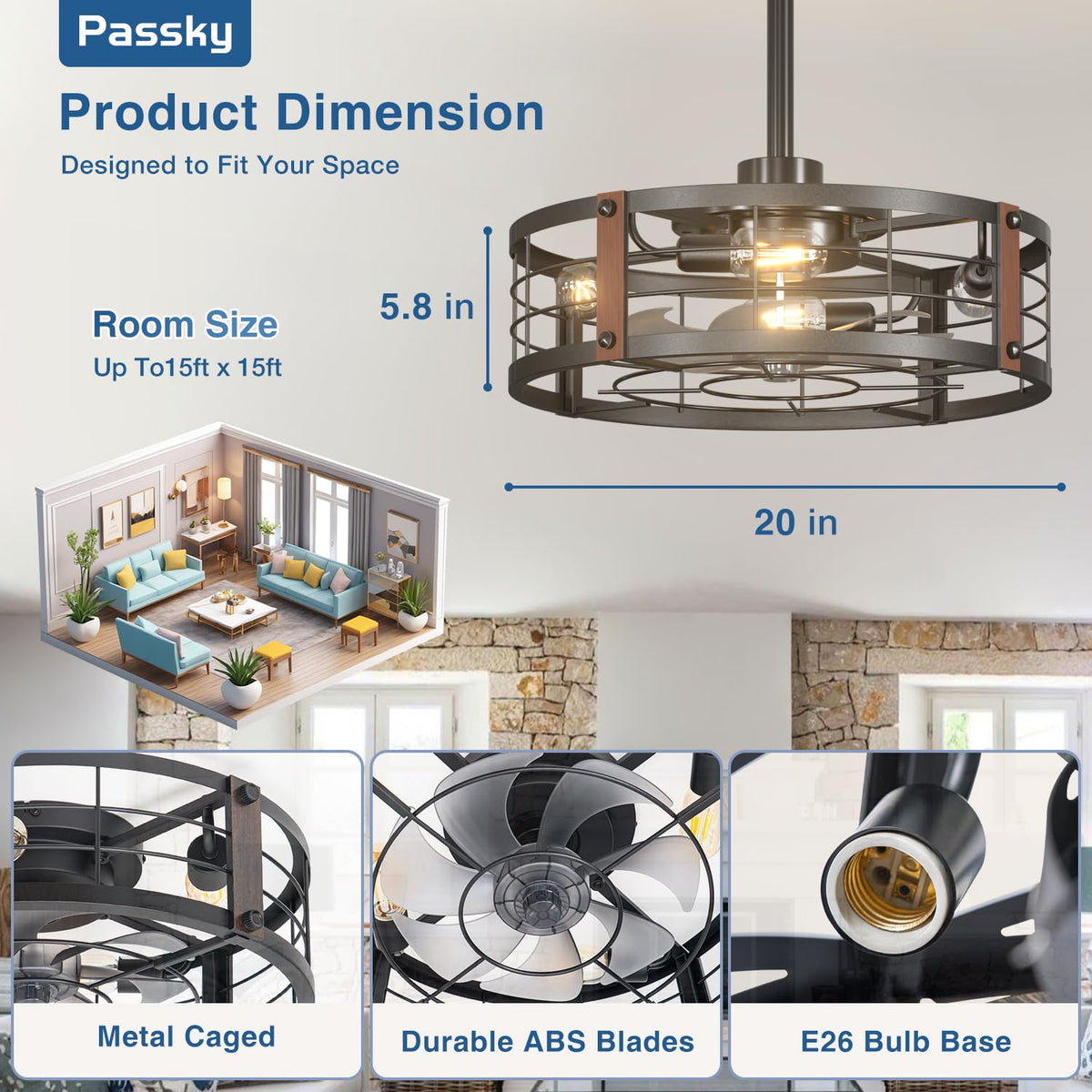 Passky fandelier with remote control and lighting for easy adjustment