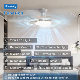 Passky flush-mount 52-inch fan showcases a sleek hub and quiet operation.