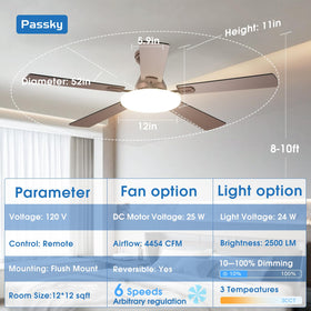 Passky flush-mount ceiling fan with dimmable light for compact spaces.