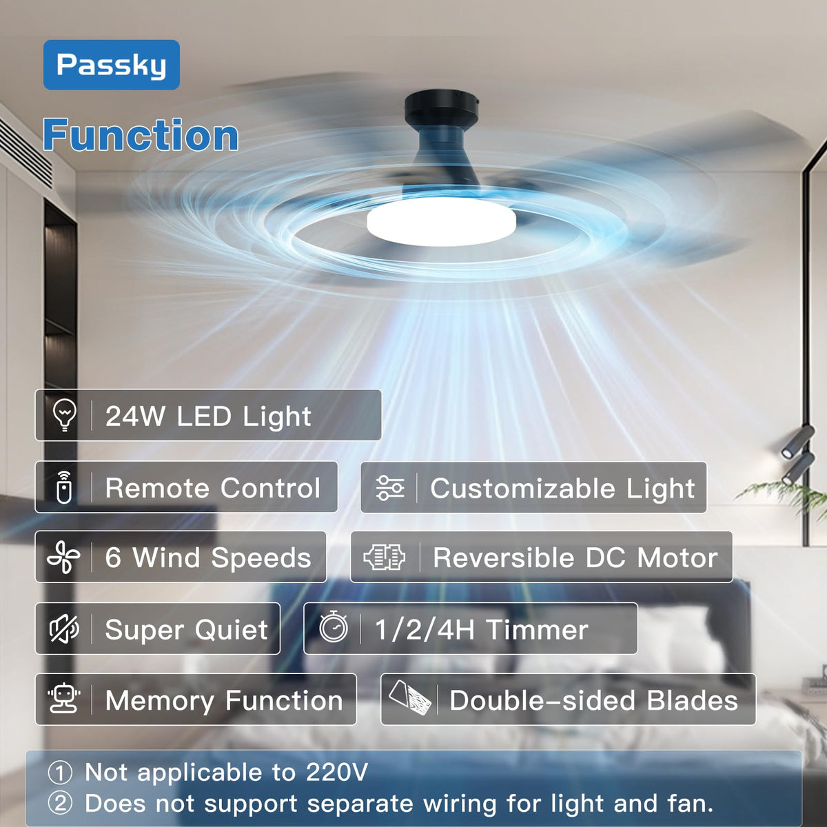 Passky flush-mount low-profile design fits modern bedrooms.
