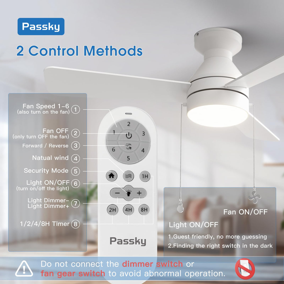 Passky flush-mount ceiling fan fits compact spaces with a sleek, unobtrusive profile