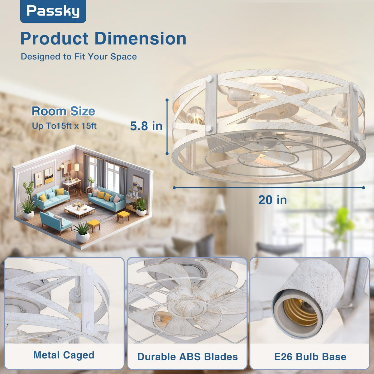 Passky fan features four E26 sockets for customizable lighting.